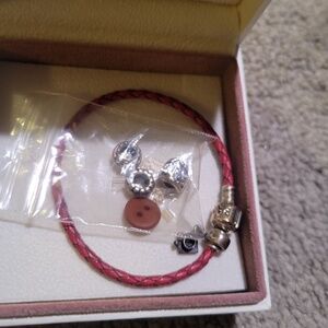 Pandora Sterling Silver Red Leather Rope Bracelet 4.5g with 4+ charms